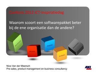 Confenis 2012 ICT-Inspiratiedag

  Waarom scoort een softwarepakket beter
  bij de ene organisatie dan de andere?




Nico Van der Meersch
Pre sales, product management en business consultancy
 