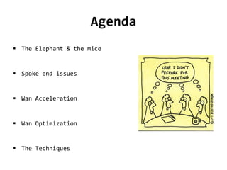 Agenda
 The Elephant & the mice
 Spoke end issues
 Wan Acceleration
 Wan Optimization
 The Techniques
 