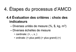 4. Étapes du processus d’AMCD
4.4 Évaluation des critères : choix des
indicateurs
– Diverses unités de mesure (%, $, kg, m...