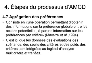 4. Étapes du processus d’AMCD
4.7 Agrégation des préférences
• Consiste en «une opération permettant d’obtenir
des informa...