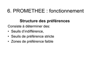 6. PROMETHEE : fonctionnement
Structure des préférences
Consiste à déterminer des:
• Seuils d’indifférence,
• Seuils de pr...