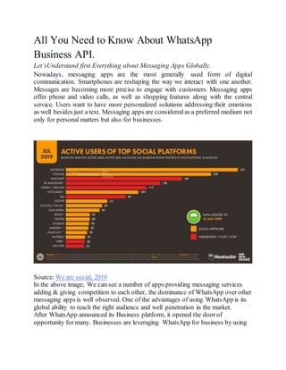 All You Need to Know About WhatsApp
Business API.
Let’sUnderstand first Everything about Messaging Apps Globally.
Nowadays, messaging apps are the most generally used form of digital
communication. Smartphones are reshaping the way we interact with one another.
Messages are becoming more precise to engage with customers. Messaging apps
offer phone and video calls, as well as shopping features along with the central
service. Users want to have more personalized solutions addressing their emotions
as well besides just a text. Messaging apps are considered as a preferred medium not
only for personal matters but also for businesses.
Source: We are social, 2019
In the above image, We can see a number of apps providing messaging services
adding & giving competition to each other, the dominance of WhatsApp over other
messaging apps is well observed. One of the advantages of using WhatsApp is its
global ability to reach the right audience and well penetration in the market.
After WhatsApp announced its Business platform, it opened the doorof
opportunity for many. Businesses are leveraging WhatsApp for business by using
 