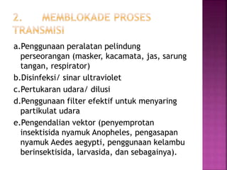 a.Penggunaan peralatan pelindung
perseorangan (masker, kacamata, jas, sarung
tangan, respirator)
b.Disinfeksi/ sinar ultraviolet
c.Pertukaran udara/ dilusi
d.Penggunaan filter efektif untuk menyaring
partikulat udara
e.Pengendalian vektor (penyemprotan
insektisida nyamuk Anopheles, pengasapan
nyamuk Aedes aegypti, penggunaan kelambu
berinsektisida, larvasida, dan sebagainya).
 
