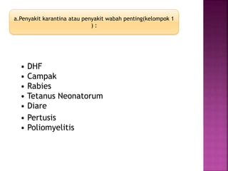 • DHF
• Campak
• Rabies
• Tetanus Neonatorum
• Diare
• Pertusis
• Poliomyelitis
a.Penyakit karantina atau penyakit wabah penting(kelompok 1
) :
 