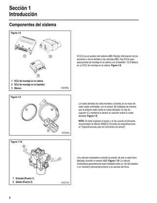 Sección 1
Introducción
8
Componentes del sistema
Figura 1.8
El ECU es el cerebro del sistema ABS. Recibe información de los
sensores y envía señales a las válvulas ABS. Hay ECUs para
aplicaciones de montaje en la cabina y en el bastidor - El D Básico
es un ECU de montaje en la cabina. Figura 1.8.
Figura 1.9
La rueda dentada (A) está montada o fundida, en la maza de
cada rueda controlada, con el sensor (B) instalado de manera
que el extremo esté contra la rueda dentada. Un clip de
sujeción (C) mantiene el sensor en posición sobre la rueda
dentada. Figura 1.9.
NOTA: Se debe engrasar el sensor y el clip usando el lubricante
recomendado de Meritor WABCO. Consulte las especiﬁcaciones
en "Especiﬁcaciones para los lubricantes del sensor".
Figura 1.10
Una válvula moduladora controla la presión de aire a cada freno
afectado durante un evento ABS. Figura 1.10. La válvula
moduladora generalmente está instalada sobre un riel del bastidor
o un miembro transversal próximo a la cámara del freno.
1 2
3
1 ECU de montaje en la cabina
2 ECU de montaje en el bastidor
3 Básico 1002008a
1002009b
2
1
1 Entrada (Puerto 1)
2 Salida (Puerto 2) 1002010b
 