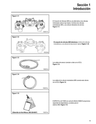 Sección 1
Introducción
9
Figura 1.11
El Conjunto de Válvulas ABS es una alternativa a las válvulas
individuales sobre el eje trasero. Combina dos válvulas
moduladoras ABS y una válvula relevadora de servicio.
Figura 1.11.
Figura 1.12
El conjunto de válvulas ABS delanteras combina dos válvulas
moduladoras y una válvula de desconexión rápida. Figura 1.12.
Figura 1.13
Los cables del sensor conectan a éste con el ECU.
Figura 1.13.
Figura 1.14
Los cables de la válvula moduladora ABS conecta esta válvula
con el ECU. Figura 1.4.
Figura 1.15
El MPSI Pro-Link®
9000 con cartucho Meritor WABCO proporciona
capacidad de diagnósticos y pruebas para el
sistema ABS. Figura 1.15.
xxxxx xxxxx
xxxxx xxxxx
1002011b
472 500 30. 0
MADE IN GERMANY
001 20/98
1003359a
1002012a
1002013a
(Obtenible de Kent-Moore, 800-328-6657) 1002014a
 