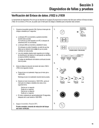 Sección 3
Diagnóstico de fallas y pruebas
19
Veriﬁcación del Enlace de datos J1922 ó J1939
La herramienta de diagnóstico Pro-Link que se describe en la página 20 proporciona la manera más fácil para veriﬁcar el Enlace de datos
J1922. Si no se tiene un Pro-Link, se puede usar el interruptor de códigos a destellos para comprobar esta conexión.
1. Conecte el encendido (posición ON). Oprima el interruptor de
códigos a destellos por 3 segundos.
a. La lámpara ATC se encenderá y quedará encendida
durante toda la prueba
Si el vehículo no está equipado con ATC, la lámpara de
advertencia ATC no se enciende.
b. La lámpara ABS se encenderá y destellará 8 veces.
Si la lámpara no emite 8 destellos, es señal de que hay
fallas que se deberán borrar antes de que se pueda
continuar con esta prueba.
c. Los ocho destellos rápidos serán seguidos por el código
de identiﬁcación del sistema. En este ejemplo se identiﬁca
el sistema 4S/4M (2 destellos).
El código de identiﬁcación del sistema continuará durante
toda la prueba
2. Active el código de reducción de torsión del motor J1922 ó
J1939, de la siguiente manera:
a. Ponga el pie en el acelerador. Haga que el motor gire a
1000 R.P.M.
Mantenga el pie en el acelerador durante toda la prueba.
b. Estando el motor funcionando a 1000 R.P.M., oprima el
interruptor de códigos a destellos dos veces, de la
siguiente forma:
Oprima por un segundo
Suelte por un segundo
Oprima por un segundo
Suelte por un segundo
c. El motor moderará por aproximadamente 10 segundos,
después de lo cual volverá a 1000 RPM.
3. Apague el encendido. (Posición OFF).
Prueba completa, comando de reducción del torque
del motor veriﬁcado.
1.
a.
b.
c.
2.
a.
b.
c.
3.
ONOFF
ATC
RPM
IDLE
1000
Oprimir por
3 segundos
ENCENDIDO
CONECTADO
RPM
IDLE
1000
RPM
IDLE
1000
ONOFF
 