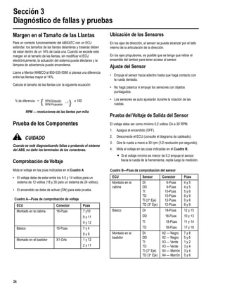 Sección 3
Diagnóstico de fallas y pruebas
24
Margen en elTamaño de las Llantas
Para un correcto funcionamiento del ABS/ATC con un ECU
estándar, los tamaños de las llantas delanteras y traseras deben
de estar dentro de un 14% de cada una. Cuando se excede este
margen en el tamaño de las llantas, sin modiﬁcar el ECU
electrónicamente, la actuación del sistema puede afectarse y la
lámpara de advertencia puede encenderse.
Llame a Meritor WABCO al 800-535-5560 si planea una diferencia
entre las llantas mayor al 14%.
Calcule el tamaño de las llantas con la siguiente ecuación:
RPM — revoluciones de las llantas por milla
Prueba de los Componentes
CUIDADO
Cuando se esté diagnosticando fallas o probando el sistema
del ABS, no dañe los terminales de los conectores.
Comprobación de Voltaje
Mida el voltaje en las púas indicadas en el Cuadro A.
• El voltaje debe de estar entre los 9.5 y 14 voltios para un
sistema de 12 voltios (18 y 30 para un sistema de 24 voltios).
• El encendido se debe de activar (ON) para esta prueba.
Ubicación de los Sensores
En los ejes de dirección, el sensor se puede alcanzar por el lado
interno de la articulación de la dirección.
En los ejes propulsores, es posible que se tenga que retirar el
ensamble del tambor para tener acceso al sensor.
Ajuste del Sensor
• Empuje el sensor hacia adentro hasta que haga contacto con
la rueda dentada.
• No haga palanca ni empuje los sensores con objetos
puntiagudos.
• Los sensores se auto ajustarán durante la rotación de las
ruedas.
Prueba del Voltaje de Salida del Sensor
El voltaje debe ser como mínimo 0.2 voltios CA a 30 RPM.
1. Apague el encendido (OFF).
2. Desconecte el ECU (consulte el diagrama de cableado).
3. Gire la rueda a mano a 30 rpm (1/2 revolución por segundo).
4. Mida el voltaje en las púas indicadas en el Cuadro B.
r Si el voltaje mínimo es menor de 0.2 empuje el sensor
hacia la rueda de la herramienta, repita luego la medición.
% de diferencia = x 100
Cuadro A—Púas de comprobación de voltaje
ECU Conector Púas
Montado en la cabina 18-Púas 7 y10
8 y 11
9 y 12
Básico 15-Púas 7 y 4
8 y 9
Montado en el bastidor X1-GrIs 1 y 12
2 y 11
RPM Dirección
– 1
RPM Propulsión
{
Cuadro B—Púas de comprobación del sensor
ECU Sensor Conector Púas
Montado en la
cabina
DI
DD
TI
TD
TI (3er
Eje)
TD (3er
Eje)
6-Púas
9-Púas
15-Púas
15-Púas
12-Púas
12-Púas
4 y 5
4 y 5
5 y 6
8 y 9
5 y 6
8 y 9
Básico DI 18-Púas 12 y 15
DD 18-Púas 10 y 13
TI 18-Púas 11 y 14
TD 18-Púas 17 y 18
Montado en el
bastidor
DI
DD
TI
TD
TI (3er
Eje)
TD (3er
Eje)
X2 — Negro
X2 — Negro
X3 — Verde
X3 — Verde
X4 — Marrón
X4 — Marrón
7 y 8
5 y 6
1 y 2
3 y 4
3 y 4
5 y 6
{
 