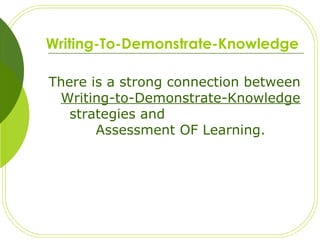 Writing-To-Demonstrate-Knowledge
There is a strong connection between
Writing-to-Demonstrate-Knowledge
strategies and
Assessment OF Learning.
 