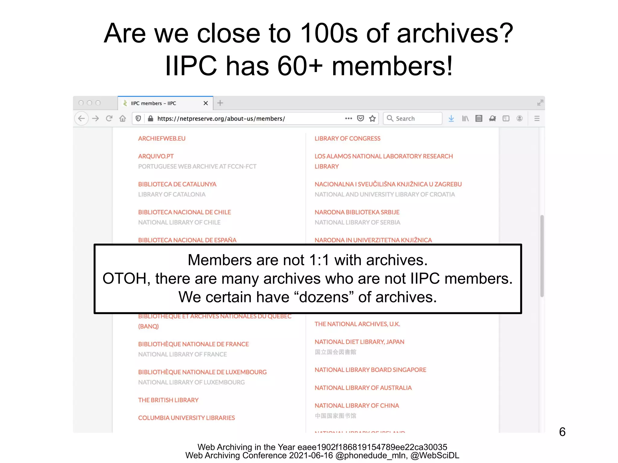 Web Archiving in the Year eaee1902f186819154789ee22ca30035
Web Archiving Conference 2021-06-16 @phonedude_mln, @WebSciDL
Are we close to 100s of archives?
IIPC has 60+ members!
6
Members are not 1:1 with archives.
OTOH, there are many archives who are not IIPC members.
We certain have “dozens” of archives.