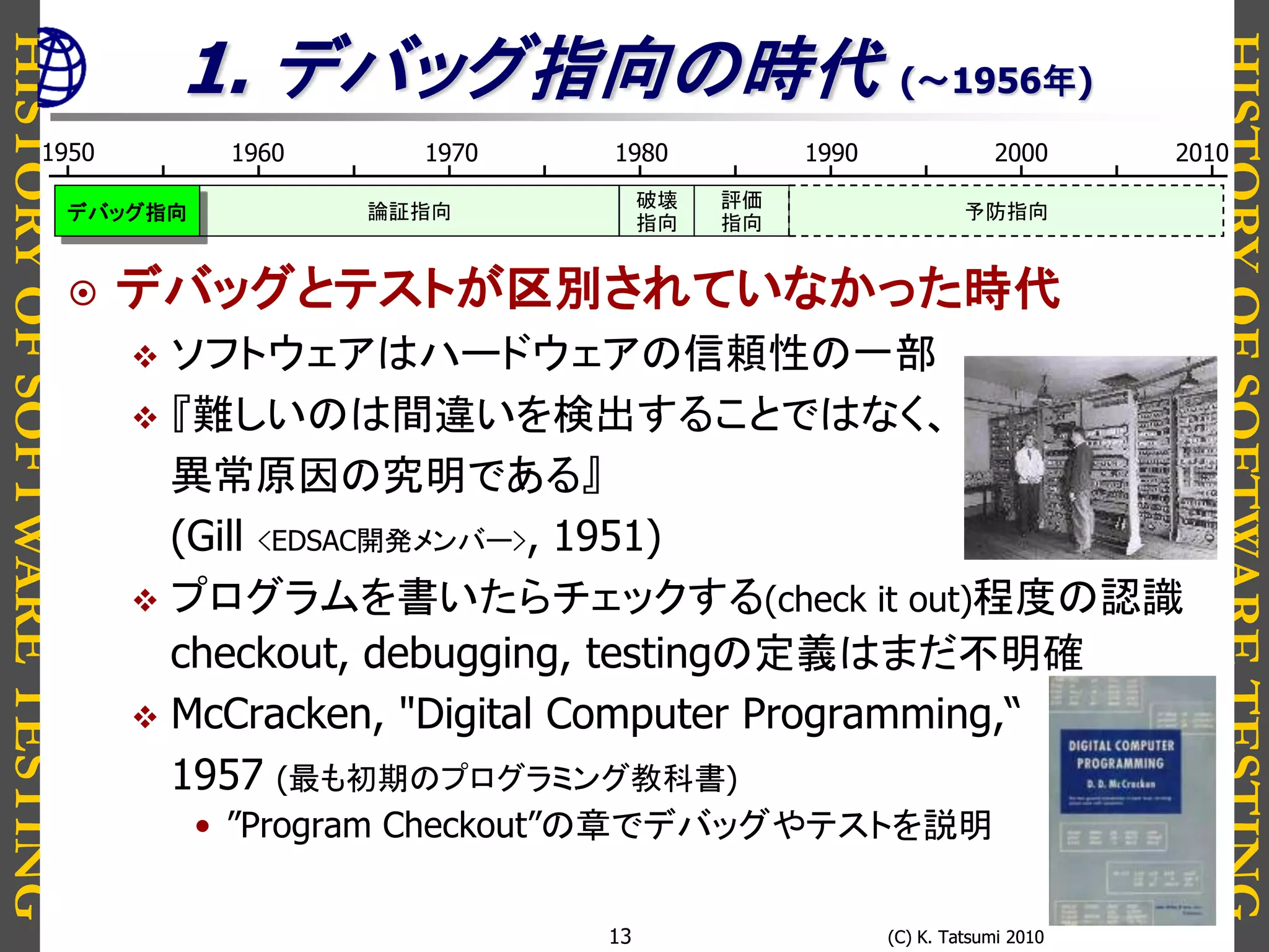 HISTORYOFSOFTWARETESTING
HISTORYOFSOFTWARETESTING
(C) K. Tatsumi 2010(C) K. Tatsumi 201013
1. デバッグ指向の時代 (～1956年)
 デバッグとテストが区別されていなかった時代
 ソフトウェアはハードウェアの信頼性の一部
 『難しいのは間違いを検出することではなく、
異常原因の究明である』
(Gill <EDSAC開発メンバー>, 1951)
 プログラムを書いたらチェックする(check it out)程度の認識
checkout, debugging, testingの定義はまだ不明確
 McCracken, "Digital Computer Programming,“
1957 (最も初期のプログラミング教科書)
• ”Program Checkout”の章でデバッグやテストを説明
評価
指向
論証指向
破壊
指向デバッグ指向 予防指向
1950 1980 19901960 1970 2000 2010
 