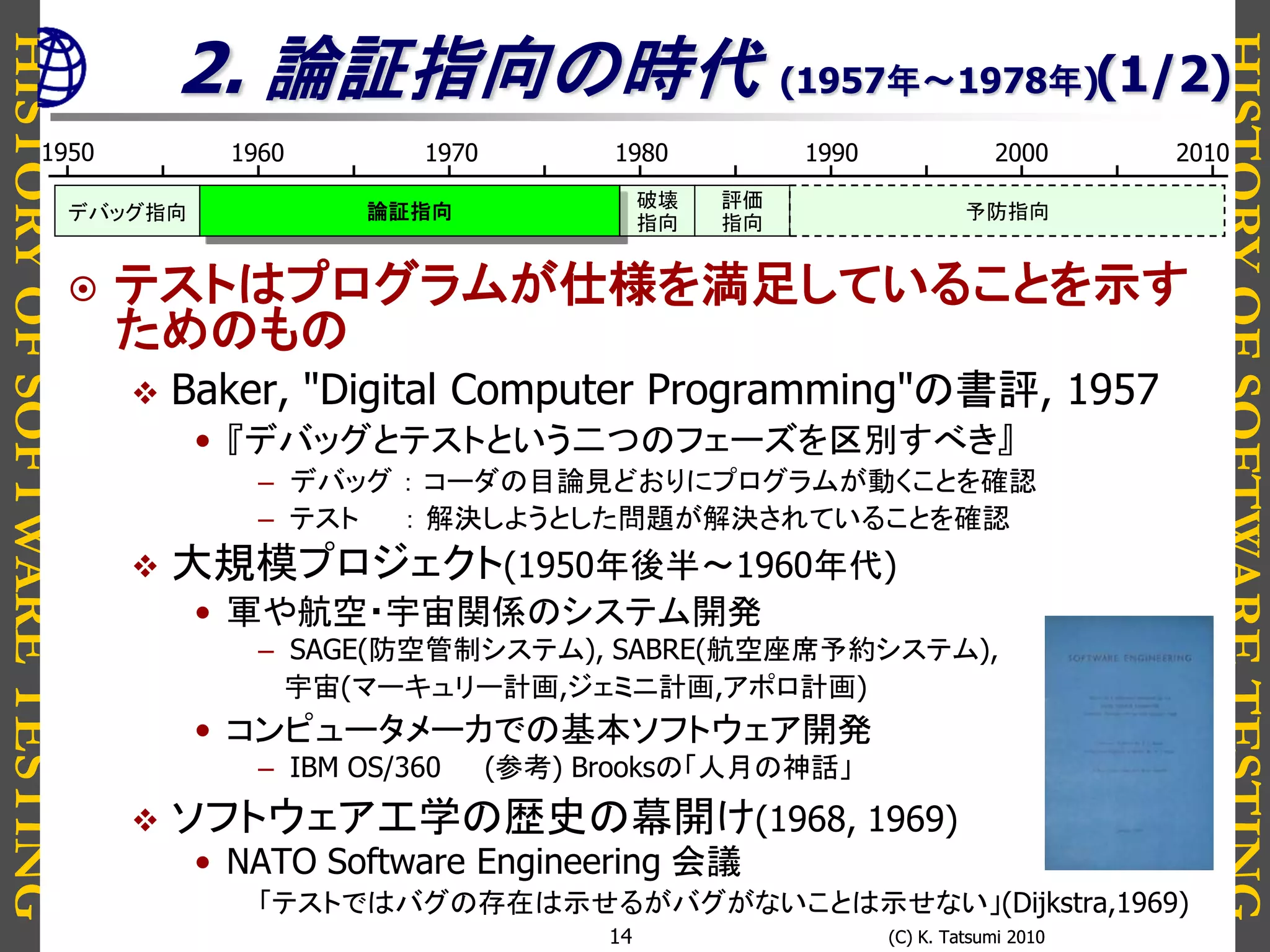 HISTORYOFSOFTWARETESTING
HISTORYOFSOFTWARETESTING
(C) K. Tatsumi 2010(C) K. Tatsumi 201014
2. 論証指向の時代 (1957年～1978年)
 テストはプログラムが仕様を満足していることを示す
ためのもの
 Baker, "Digital Computer Programming"の書評, 1957
• 『デバッグとテストという二つのフェーズを区別すべき』
– デバッグ ： コーダの目論見どおりにプログラムが動くことを確認
– テスト ： 解決しようとした問題が解決されていることを確認
 大規模プロジェクト(1950年後半～1960年代)
• 軍や航空・宇宙関係のシステム開発
– SAGE(防空管制システム), SABRE(航空座席予約システム),
宇宙(マーキュリー計画,ジェミニ計画,アポロ計画)
• コンピュータメーカでの基本ソフトウェア開発
– IBM OS/360 (参考) Brooksの「人月の神話」
 ソフトウェア工学の歴史の幕開け(1968, 1969)
• NATO Software Engineering 会議
「テストではバグの存在は示せるがバグがないことは示せない」(Dijkstra,1969)
(1/2)
論証指向デバッグ指向
評価
指向
破壊
指向
予防指向
1950 1980 19901960 1970 2000 2010
 