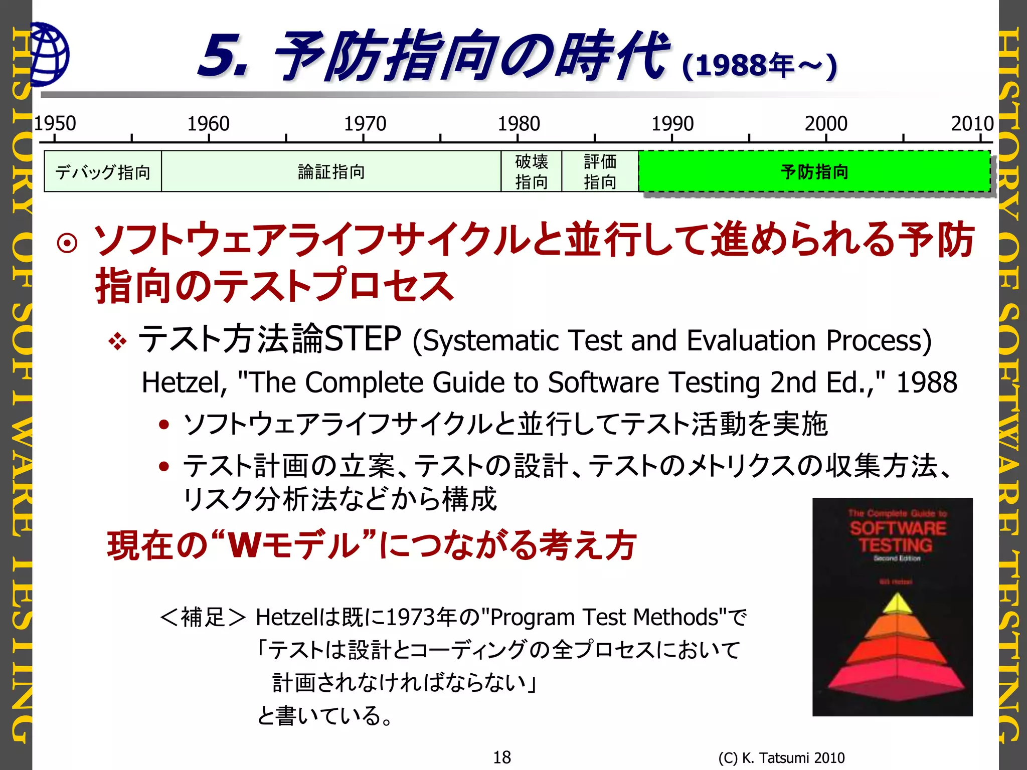 HISTORYOFSOFTWARETESTING
HISTORYOFSOFTWARETESTING
(C) K. Tatsumi 2010(C) K. Tatsumi 201018
5. 予防指向の時代 (1988年～)
 ソフトウェアライフサイクルと並行して進められる予防
指向のテストプロセス
 テスト方法論STEP (Systematic Test and Evaluation Process)
Hetzel, "The Complete Guide to Software Testing 2nd Ed.," 1988
• ソフトウェアライフサイクルと並行してテスト活動を実施
• テスト計画の立案、テストの設計、テストのメトリクスの収集方法、
リスク分析法などから構成
現在の“Wモデル”につながる考え方
＜補足＞ Hetzelは既に1973年の"Program Test Methods"で
「テストは設計とコーディングの全プロセスにおいて
計画されなければならない」
と書いている。
1950 1980 19901960 1970 2000 2010
論証指向デバッグ指向
評価
指向
破壊
指向
予防指向
 