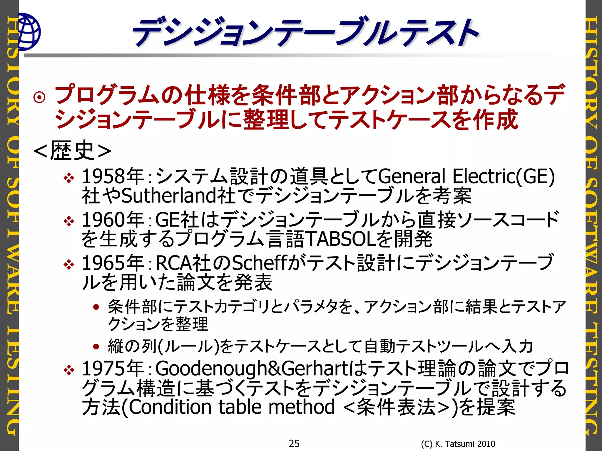 HISTORYOFSOFTWARETESTING
HISTORYOFSOFTWARETESTING
(C) K. Tatsumi 2010(C) K. Tatsumi 201025
デシジョンテーブルテスト
 プログラムの仕様を条件部とアクション部からなるデ
シジョンテーブルに整理してテストケースを作成
<歴史>
 1958年：システム設計の道具としてGeneral Electric(GE)
社やSutherland社でデシジョンテーブルを考案
 1960年：GE社はデシジョンテーブルから直接ソースコード
を生成するプログラム言語TABSOLを開発
 1965年：RCA社のScheffがテスト設計にデシジョンテーブ
ルを用いた論文を発表
• 条件部にテストカテゴリとパラメタを、アクション部に結果とテストア
クションを整理
• 縦の列(ルール)をテストケースとして自動テストツールへ入力
 1975年：Goodenough&Gerhartはテスト理論の論文でプロ
グラム構造に基づくテストをデシジョンテーブルで設計する
方法(Condition table method <条件表法>)を提案
 