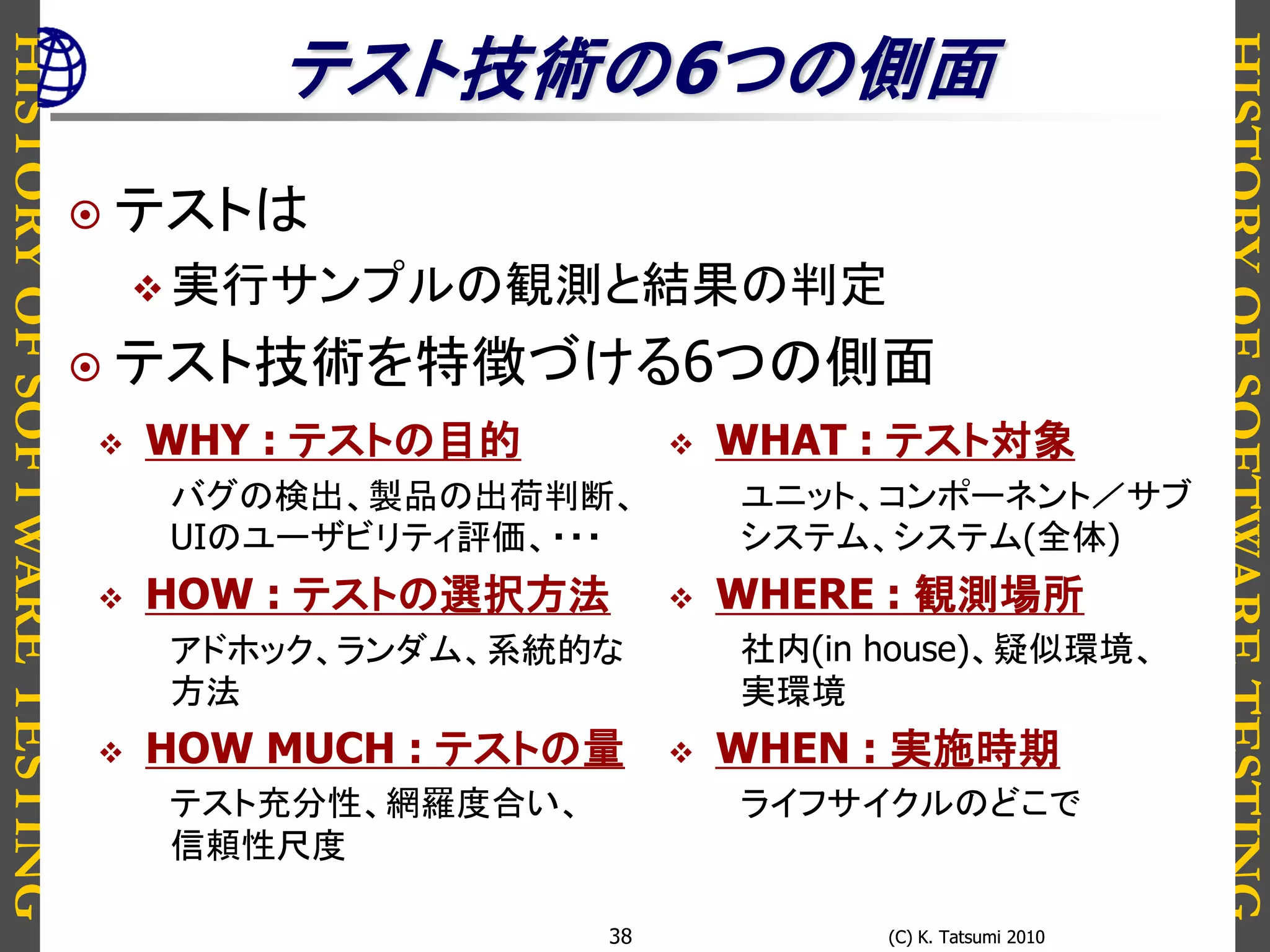 HISTORYOFSOFTWARETESTING
HISTORYOFSOFTWARETESTING
(C) K. Tatsumi 2010(C) K. Tatsumi 201038
テスト技術の6つの側面
 テストは
 実行サンプルの観測と結果の判定
 テスト技術を特徴づける6つの側面
 WHY : テストの目的
バグの検出、製品の出荷判断、
UIのユーザビリティ評価、・・・
 HOW : テストの選択方法
アドホック、ランダム、系統的な
方法
 HOW MUCH : テストの量
テスト充分性、網羅度合い、
信頼性尺度
 WHAT : テスト対象
ユニット、コンポーネント／サブ
システム、システム(全体)
 WHERE : 観測場所
社内(in house)、疑似環境、
実環境
 WHEN : 実施時期
ライフサイクルのどこで
 