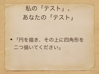 私の「テスト」、
あなたの「テスト」
「円を描き、その上に四角形を
二つ描いてください」
6
 