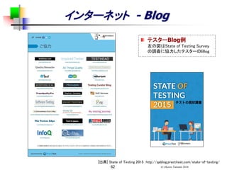 インターネット - Blog
テスターBlog例
左の図はState of Testing Survey
の調査に協力したテスターのBlog
62 (C) Keizo Tatsumi 2016
[出典] State of Testing 2015 http://qablog.practitest.com/state-of-testing/
 