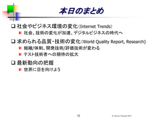 (C) Keizo Tatsumi 201672
本日のまとめ
 社会やビジネス環境の変化（Internet Trends）
社会、技術の変化が加速、デジタルビジネスの時代へ
 求められる品質・技術の変化（World Quality Report, Research)
組織/体制、開発技術/評価技術が変わる
テスト技術者への期待の拡大
 最新動向の把握
世界に目を向けよう
 