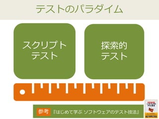 テストのパラダイム
スクリプト
テスト
探索的
テスト
『はじめて学ぶ ソフトウェアのテスト技法』参考
 