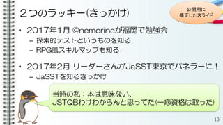 ２つのラッキー(きっかけ)
• 2017年1月 @nemorineが福岡で勉強会
– 探索的テストというものを知る
– RPG風スキルマップも知る
• 2017年2月 リーダーさんがJaSST東京でパネラーに！
– JaSSTを知るきっかけ
13
当時の私：本は意味ない、
JSTQBわけわからんと思ってた(一応資格は取った)
公開用に
修正したスライド
 