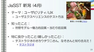 JaSST 新潟 (4月)
• テーマ：ユーザビリティ/UX
– ユーザエクスペリエンスのテスト方法
• 知ったこと：
– 狩野モデル→魅力的品質・当たり前品質
• 特に良かったこと(嬉しかったこと)：
– テストラジオのオカウチワニさん、なそさんと知り合えた！
• テストラジオ
19
新潟：いかの墨(こちら)
 
