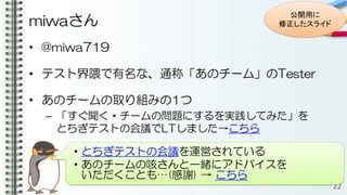 miwaさん
• @miwa719
• テスト界隈で有名な、通称「あのチーム」のTester
• あのチームの取り組みの1つ
– 「すぐ聞く・チームの問題にするを実践してみた」を
とちぎテストの会議でLTしました→こちら
22
・とちぎテストの会議を運営されている
・あのチームの咳さんと一緒にアドバイスを
いただくことも…(感謝) → こちら
公開用に
修正したスライド
 