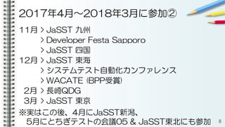 2017年4月〜2018年3月に参加②
11月 > JaSST 九州
> Developer Festa Sapporo
> JaSST 四国
12月 > JaSST 東海
> システムテスト自動化カンファレンス
> WACATE (BPP受賞)
2月 > 長崎QDG
3月 > JaSST 東京
8
※実はこの後、4月にJaSST新潟、
5月にとちぎテストの会議05 & JaSST東北にも参加
 