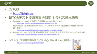 参考
• JSTQB
– http://jstqb.jp/
• ISTQBテスト技術者資格制度 シラバス日本語版
– Foundation Level シラバス 日本語版 Version 2011.J02
• http://jstqb.jp/dl/JSTQB-SyllabusFoundation_Version2011.J02.pdf
– Foundation Level Extension シラバス アジャイルテスト担当者 日本語版 Version
2014.J01
• http://jstqb.jp/dl/JSTQB-SyllabusFoundation-AgileExt_Version2014.J01.pdf
– Advanced Level シラバス 日本語版 テクニカルテストアナリスト Version2012.J02
• http://jstqb.jp/dl/JSTQB-Syllabus.Advanced_TTA_Version2012.J02.pdf
• ソフトウェア品質知識体系ガイド -SQuBOK Guide-(第2版)
• https://www.amazon.co.jp/dp/4274505227
2018/12/15-16 WACATE 2018 Winter
36
 