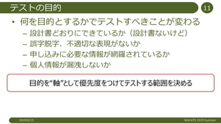 テストの目的
• 何を目的とするかでテストすべきことが変わる
– 設計書どおりにできているか（設計書ないけど）
– 誤字脱字、不適切な表現がないか
– 申し込みに必要な情報が網羅されているか
– 個人情報が漏洩しないか
2019/6/15 WACATE 2019 Summer
11
目的を“軸”として優先度をつけてテストする範囲を決める
 