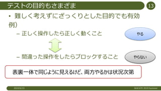 テストの目的もさまざま
• 難しく考えずにざっくりとした目的でも有効
例）
– 正しく操作したら正しく動くこと
– 間違った操作をしたらブロックすること
2019/6/15 WACATE 2019 Summer
13
やらない
やる
表裏一体で同じように見えるけど、両方やるかは状況次第
 