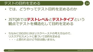 テストの目的を定める
• では、どうやってテスト目的を定めるのか
• JSTQBではテストレベルとテストタイプという
観点でテストを構造化して目的を定める
• ちなみにISO29119はリスクベースドの考え方なので、
リスクアセスメントに基づいて目的を定める
・・・と思われるけど今回は扱いません
2019/6/15 WACATE 2019 Summer
14
 