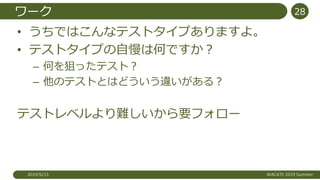 ワーク
• うちではこんなテストタイプありますよ。
• テストタイプの自慢は何ですか？
– 何を狙ったテスト？
– 他のテストとはどういう違いがある？
テストレベルより難しいから要フォロー
2019/6/15 WACATE 2019 Summer
28
 