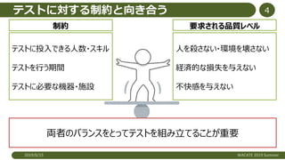 テストに対する制約と向き合う
2019/6/15 WACATE 2019 Summer
4
制約 要求される品質レベル
テストに投入できる人数・スキル
テストを行う期間
テストに必要な機器・施設
人を殺さない・環境を壊さない
経済的な損失を与えない
不快感を与えない
両者のバランスをとってテストを組み立てることが重要
 