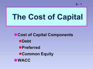 The Cost of Capital Cost of Capital Components Debt Preferred Common Equity WACC 