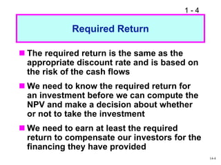 1 - 4
Required Return
 The required return is the same as the
appropriate discount rate and is based on
the risk of the c...