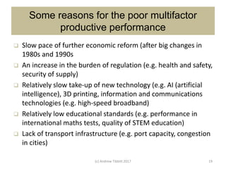 Some reasons for the poor multifactor
productive performance
 Slow pace of further economic reform (after big changes in
1980s and 1990s
 An increase in the burden of regulation (e.g. health and safety,
security of supply)
 Relatively slow take-up of new technology (e.g. AI (artificial
intelligence), 3D printing, information and communications
technologies (e.g. high-speed broadband)
 Relatively low educational standards (e.g. performance in
international maths tests, quality of STEM education)
 Lack of transport infrastructure (e.g. port capacity, congestion
in cities)
(c) Andrew Tibbitt 2017 19
 