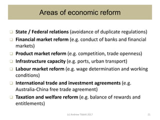 Areas of economic reform
 State / Federal relations (avoidance of duplicate regulations)
 Financial market reform (e.g. conduct of banks and financial
markets)
 Product market reform (e.g. competition, trade openness)
 Infrastructure capacity (e.g. ports, urban transport)
 Labour market reform (e.g. wage determination and working
conditions)
 International trade and investment agreements (e.g.
Australia-China free trade agreement)
 Taxation and welfare reform (e.g. balance of rewards and
entitlements)
(c) Andrew Tibbitt 2017 21
 