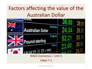 Factors affecting the value of the
Australian Dollar
WACE Economics – Unit 3
Video 7.1
(c) Andrew Tibbitt 2017 1
 