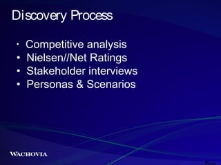 Discovery Process
Competitive analysis
• Nielsen//Net Ratings
• Stakeholder interviews
• Personas & Scenarios
•

 