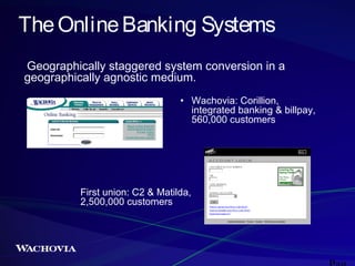 The Online Banking Systems
Geographically staggered system conversion in a
geographically agnostic medium.
• Wachovia: Corillion,
integrated banking & billpay,
560,000 customers

First union: C2 & Matilda,
2,500,000 customers

 