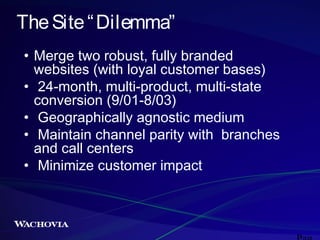 The Site “ Dilemma”
• Merge two robust, fully branded
websites (with loyal customer bases)
• 24-month, multi-product, multi-state
conversion (9/01-8/03)
• Geographically agnostic medium
• Maintain channel parity with branches
and call centers
• Minimize customer impact

 