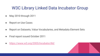 W3C Library Linked Data Incubator Group
● May 2010 through 2011
● Report on Use Cases
● Report on Datasets, Value Vocabularies, and Metadata Element Sets
● Final report issued October 2011
● https://www.w3.org/2005/Incubator/lld/
 