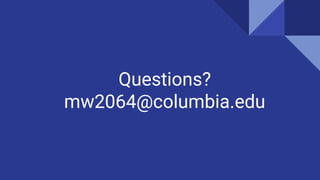 Questions?
mw2064@columbia.edu
 