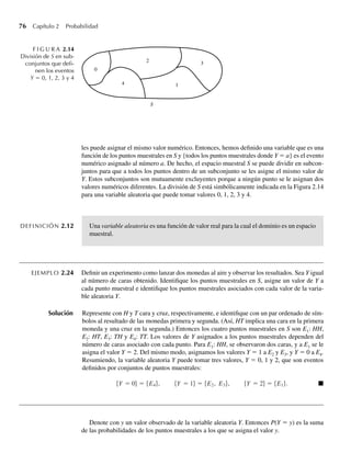 76 Capítulo 2 Probabilidad
les puede asignar el mismo valor numérico. Entonces, hemos definido una variable que es una
función de los puntos muestrales en S y {todos los puntos muestrales donde Y = a} es el evento
numérico asignado al número a. De hecho, el espacio muestral S se puede dividir en subcon-
juntos para que a todos los puntos dentro de un subconjunto se les asigne el mismo valor de
Y. Estos subconjuntos son mutuamente excluyentes porque a ningún punto se le asignan dos
valores numéricos diferentes. La división de S está simbólicamente indicada en la Figura 2.14
para una variable aleatoria que puede tomar valores 0, 1, 2, 3 y 4.
DEFINICIÓN 2.12 Una variable aleatoria es una función de valor real para la cual el dominio es un espacio
muestral.
EJEMPLO 2.24 Definir un experimento como lanzar dos monedas al aire y observar los resultados. Sea Y igual
al número de caras obtenido. Identifique los puntos muestrales en S, asigne un valor de Y a
cada punto muestral e identifique los puntos muestrales asociados con cada valor de la varia-
ble aleatoria Y.
Solución Represente con H y T cara y cruz, respectivamente, e identifique con un par ordenado de sím-
bolos al resultado de las monedas primera y segunda. (Así, HT implica una cara en la primera
moneda y una cruz en la segunda.) Entonces los cuatro puntos muestrales en S son E1: HH,
E2: HT, E3: TH y E4: TT. Los valores de Y asignados a los puntos muestrales dependen del
número de caras asociado con cada punto. Para E1: HH, se observaron dos caras, y a E1 se le
asigna el valor Y = 2. Del mismo modo, asignamos los valores Y = 1 a E2 y E3, y Y = 0 a E4.
Resumiendo, la variable aleatoria Y puede tomar tres valores, Y = 0, 1 y 2, que son eventos
definidos por conjuntos de puntos muestrales:
{Y = 0} = {E4}, {Y = 1} = {E2, E3}, {Y = 2} = {E1}. Q
Denote con y un valor observado de la variable aleatoria Y. Entonces P(Y = y) es la suma
de las probabilidades de los puntos muestrales a los que se asigna el valor y.
F I G U R A 2.14
División de S en sub-
conjuntos que deﬁ-
nen los eventos
Y = 0, 1, 2, 3 y 4
0
4
2
1
3
S
W-cap-02.indd 76
W-cap-02.indd 76 27/7/09 01:58:25
27/7/09 01:58:25
 