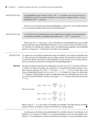 88 Capítulo 3 Variables aleatorias discretas y sus distribuciones de probabilidad
DEFINICIÓN 3.2 La probabilidad de que Y tome el valor y, P(Y = y), se define como la suma de las pro-
babilidades de todos los puntos muestrales en S a los que se asigna el valor y. A veces
denotaremos P(Y = y) por p(y).
Como p(y) es una función que asigna probabilidades a cada valor y de la variable aleatoria
Y, a veces recibe el nombre de función de probabilidad para Y.
DEFINICIÓN 3.3 La distribución de probabilidad para una variable discreta Y puede ser representada por
una fórmula, una tabla o una gráfica que produzca p(y) = P(Y = y) para toda y.
Nótese que p(y) ≥ 0 para toda y, pero la distribución de probabilidad para una variable
aleatoria discreta asigna probabilidades diferentes de cero a sólo un número contable de valo-
res y distintos. Se entiende que cualquier valor y no explícitamente asignado a una posibilidad
positiva es tal que p(y) = 0. Ilustramos estas ideas con un ejemplo.
EJEMPLO 3.1 Un supervisor en una planta manufacturera tiene tres hombres y tres mujeres trabajando para
él y desea escoger dos trabajadores para un trabajo especial. No queriendo mostrar sesgo en
su selección, decide seleccionar los dos trabajadores al azar. Denote con Y el número de mu-
jeres en su selección. Encuentre la distribución de probabilidad para Y.
Solución El supervisor puede seleccionar dos trabajadores de entre seis en 6
2 = 15 formas. Entonces,
S contiene 15 puntos muestrales que suponemos son igualmente probables porque se em-
pleó muestreo aleatorio. Así, P(Ei) = 1/15, para i = 1, 2 , . . . , 15. Los valores para Y que
tienen probabilidad diferente de cero son 0, 1 y 2. El número de formas de seleccionar
Y = 0 mujeres es 3
0
3
2)
)
( ( porque el supervisor debe seleccionar cero trabajadores de las tres mu-
jeres y dos de los tres hombres. Entonces, hay 3
0
3
2)
)
( ( =1ⴢ3 =3 puntos muestrales en el evento
Y = 0, y
p(0) = P(Y = 0) =
3
0
3
2
15
=
3
15
=
1
5
.
Del mismo modo,
p(1) = P(Y = 1) =
3
1
3
1
15
=
9
15
=
3
5
,
p(2) = P(Y = 2) =
3
2
3
0
15
=
3
15
=
1
5
.
Observe que (Y = 1) es por mucho el resultado más probable. Esto debe parecer razonable
porque el número de mujeres es igual al de hombres en el grupo original. Q
La tabla para la distribución de probabilidad de la variable aleatoria Y considerada en el
Ejemplo 3.1 se resume en la Tabla 3.1. La misma distribución se da en forma gráfica en la
Figura 3.1. Si consideramos el ancho de cada barra de la Figura 3.1 como una unidad, enton-
W-cap-03.indd 88
W-cap-03.indd 88 27/7/09 02:01:54
27/7/09 02:01:54
 