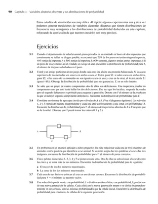 90 Capítulo 3 Variables aleatorias discretas y sus distribuciones de probabilidad
Estos estudios de simulación son muy útiles. Al repetir algunos experimentos una y otra vez
podemos generar mediciones de variables aleatorias discretas que tienen distribuciones de
frecuencia muy semejantes a las distribuciones de probabilidad deducidas en este capítulo,
reforzando la convicción de que nuestros modelos son muy precisos.
Ejercicios
3.1 Cuando el departamento de salud examinó pozos privados en un condado en busca de dos impurezas que
comúnmente se hallan en el agua potable, se encontró que 20% de los pozos no tenían ninguna impureza,
40% tenían la impureza A y 50% tenían la impureza B. (Obviamente, algunos tenían ambas impurezas.) Si
un pozo de los existentes en el condado se escoge al azar, encuentre la distribución de probabilidad para Y,
el número de impurezas halladas en el pozo.
3.2 Usted y un amigo participan en un juego donde cada uno tira al aire una moneda balanceada. Si las caras
superiores de las monedas son cruces en ambos casos, el lector gana $1; si salen caras en ambos tiros,
gana $2; si las caras de las monedas no son iguales (cara en una y cruz en la otra), el lector pierde $1
(gana (–$1)). Obtenga la distribución de probabilidad para sus ganancias, Y, en un solo intento.
3.3 Se sabe que un grupo de cuatro componentes dos de ellos son defectuosos. Una inspectora prueba los
componentes uno por uno hasta hallar los dos defectuosos. Una vez que los localiza, suspende la prueba
pero el segundo defectuoso es probado para asegurar la precisión. Denote con Y el número de la prueba en
la que se halló el segundo componente defectuoso. Encuentre la distribución de probabilidad para Y.
3.4 Considere un sistema de agua que circula por válvulas de A a B. (Vea el diagrama siguiente.) Las válvulas
1, 2 y 3 operan de manera independiente y cada una abre correctamente a una señal con probabilidad .8.
Encuentre la distribución de probabilidad para Y, el número de trayectorias abiertas de A a B después que
se da la señal. (Observe que Y puede tomar los valores 0, 1 y 2.)
3.5 Un problema en un examen aplicado a niños pequeños les pide relacionar cada una de tres imágenes de
animales con la palabra que identifica a ese animal. Si un niño asigna las tres palabras al azar a las tres
imágenes, encuentre la distribución de probabilidad para Y, el número de pares correctos.
3.6 Cinco pelotas numeradas 1, 2, 3, 4 y 5 se ponen en una urna. Dos de ellas se seleccionan al azar de entre
las cinco y se toma nota de sus números. Encuentre la distribución de probabilidad para lo siguiente:
a El mayor de los dos números muestreados.
b La suma de los dos números muestreados.
3.7 Cada una de tres bolas se colocan al azar en uno de tres tazones. Encuentre la distribución de probabili-
dad para Y = el número de tazones vacíos.
3.8 Una sola célula puede morir, con probabilidad .1 o dividirse en dos células, con probabilidad .9, producien-
do una nueva generación de células. Cada célula en la nueva generación muere o se divide independien-
temente en dos células, con las mismas probabilidades que la célula inicial. Encuentre la distribución de
probabilidad para el número de células de la siguiente generación.
B
A
1
2 3
W-cap-03.indd 90
W-cap-03.indd 90 27/7/09 02:01:54
27/7/09 02:01:54
 