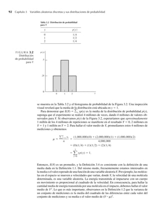 92 Capítulo 3 Variables aleatorias discretas y sus distribuciones de probabilidad
se muestra en la Tabla 3.2 y el histograma de probabilidad de la Figura 3.2. Una inspección
visual revelará que la media de la distribución está ubicada en y = 1.
Para demostrar que E(Y) = y yp(y) es la media de la distribución de probabilidad p(y),
suponga que el experimento se realizó 4 millones de veces, dando 4 millones de valores ob-
servados para Y. Si observamos p(y) de la Figura 3.2, esperaríamos que aproximadamente
1 millón de los 4 millones de repeticiones se manifieste en el resultado Y = 0, 2 millones en
Y = 1 y 1 millón en Y = 2. Para hallar el valor medio de Y, promediamos estos 4 millones de
mediciones y obtenemos
m ≈
n
i=1 yi
n
=
(1,000,000)(0) + (2,000,000)(1) + (1,000,000)(2)
4,000,000
= (0)(1/4) + (1)(1/2) + (2)(1/4)
=
2
y=0
yp(y) = 1.
Entonces, E(Y) es un promedio, y la Definición 3.4 es consistente con la definición de una
media dada en la Definición 1.1. Del mismo modo, frecuentemente estamos interesados en
la media o el valor esperado de una función de una variable aleatoria Y. Por ejemplo, las molécu-
las en el espacio se mueven a velocidades que varían, donde Y, la velocidad de una molécula
determinada, es una variable aleatoria. La energía transmitida al impactarse con un cuerpo
en movimiento es proporcional al cuadrado de la velocidad. En consecuencia, para hallar la
cantidad media de energía transmitida por una molécula en el impacto, debemos hallar el valor
medio de Y2
. Lo que es más importante, observamos en la Definición 1.2 que la varianza de
un conjunto de mediciones es la media del cuadrado de las diferencias entre cada valor del
conjunto de mediciones y su media o el valor medio de (Y – m)2
.
Tabla 3.2 Distribución de probabilidad
para Y
p
y (y)
1
0 /4
1
1 /2
1
2 /4
0 2
1
.5
.25
0
p(y)
y
F I G U R A 3.2
Distribución
de probabilidad
para Y
W-cap-03.indd 92
W-cap-03.indd 92 27/7/09 02:01:55
27/7/09 02:01:55
 