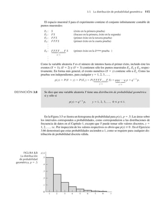 El espacio muestral S para el experimento contiene el conjunto infinitamente contable de
puntos muestrales:
E1 : S (éxito en la primera prueba)
E2 : FS (fracaso en la primera, éxito en la segunda)
E3 : F FS (primer éxito en la tercera prueba)
E4 : F F FS (primer éxito en la cuarta prueba)
.
.
.
Ek : F F F F . . . F
k−1
S (primer éxito en la késima prueba )
.
.
.
Como la variable aleatoria Y es el número de intentos hasta el primer éxito, incluido éste los
eventos (Y = 1), (Y = 2) y (Y = 3) contienen sólo los puntos muestrales E1, E2 y E3, respec-
tivamente. En forma más general, el evento numérico (Y = y) contiene sólo a Ey. Como las
pruebas son independientes, para cualquier y = 1, 2, 3,…,
p(y) = P(Y = y) = P(Ey) = P(F F F F . . . F
y−1
S) = qqq⋅ ⋅ ⋅q
y−1
p = qy−1
p.
DEFINICIÓN 3.8 Se dice que una variable aleatoria Y tiene una distribución de probabilidad geométrica
si y sólo si
p(y) = qy−1
p, y = 1, 2, 3, . . . , 0 ≤ p ≤ 1.
En la Figura 3.5 se ilustra un histograma de probabilidad para p(y), p = .5. Las áreas sobre
los intervalos corresponden a probabilidades, como correspondieron a las distribuciones de
frecuencia de datos en el Capítulo 1, excepto que Y puede tomar sólo valores discretos, y =
1, 2,…, q. Por inspección de los valores respectivos es obvio que p(y) ≥ 0 . En el Ejercicio
3.66 demostrará que estas probabilidades ascienden a 1, como se requiere para cualquier dis-
tribución de probabilidad discreta válida.
FIGURA 3.5
La distribución
de probabilidad
geométrica, p = .5
2 4
3
.5
.4
.2
.1
.3
0
p(y)
y
1 5 6 7 8
3.5 La distribución de probabilidad geométrica 115
W-cap-03.indd 115
W-cap-03.indd 115 27/7/09 02:02:03
27/7/09 02:02:03
 