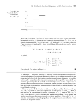 2. Encuentre F(y).
Solución La función de probabilidad para Y está dada por
p(y) =
2
y
1
2
y
1
2
2−y
, y = 0, 1, 2,
y se obtiene
p(0) = 1/ 4, p(1) = 1/ 2, p(2) = 1/ 4.
W-cap-04.indd 158
W-cap-04.indd 158 27/7/09 02:25:31
27/7/09 02:25:31
 