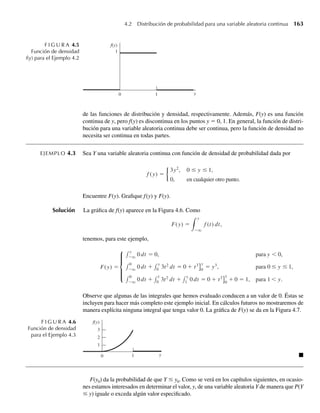 162 Capítulo 4 Variables continuas y sus distribuciones de probabilidad
Debido a que la función de distribución F(y) para cualquier variable aleatoria siempre tiene
las propiedades dadas en el Teorema 4.1, las funciones de densidad deben tener algunas pro-
piedades correspondientes. Como F(y) es una función no decreciente, la derivada f(y) nunca
es negativa. Además, sabemos que F(q) = 1 y, por tanto, que q
−q f (t) dt ⫽ 1. En resumen,
las propiedades de una función de densidad de probabilidad se dan en el siguiente teorema.
TEOREMA 4.2 Propiedades de una función de densidad Si f(y) es una función de densidad para una
variable aleatoria continua, entonces
1. f (y) ≥ 0 para toda y, −q  y  q.
2.
q
−q f (y) dy = 1.
El siguiente ejemplo proporciona la función de distribución y la función de densidad para
una variable aleatoria continua.
EJEMPLO 4.2 Suponga que
F(y) =
0, para y 0,
y, para 0≤ y ≤ 1,
1, para y  1.
Encuentre la función de densidad de probabilidad para Y y grafíquela.
Solución Como la función de densidad f(y) es la derivada de la función de distribución F(y), cuando la
derivada existe,
f (y) =
dF(y)
dy
=
d(0)
dy
= 0, para y  0,
d(y)
dy
= 1, para 0  y  1,
d(1)
dy
= 0, para y  1,
y f(y) no está definida en y = 0 y y = 1. Una gráfica de F(y) se muestra en la Figura 4.4.
La gráfica de f(y) para el Ejemplo 4.2 se muestra en la Figura 4.5. Observe que las funcio-
nes de distribución y densidad dadas en el Ejemplo 4.2 tienen todas las propiedades requeridas
F I G U R A 4.4
Función de
distribución F(y)
para el Ejemplo 4.2
F(y)
y
1
1
0 Q
W-cap-04.indd 162
W-cap-04.indd 162 27/7/09 02:25:31
27/7/09 02:25:31
 